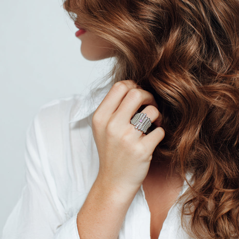 Vintage Wide Face Ring S925 Silver Rhodium Plated - Disco