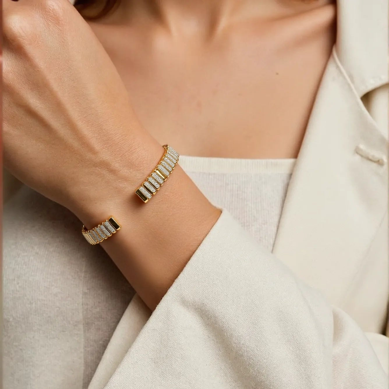 Gold and Silver Symphony Cuff Open Bangle S925 Silver