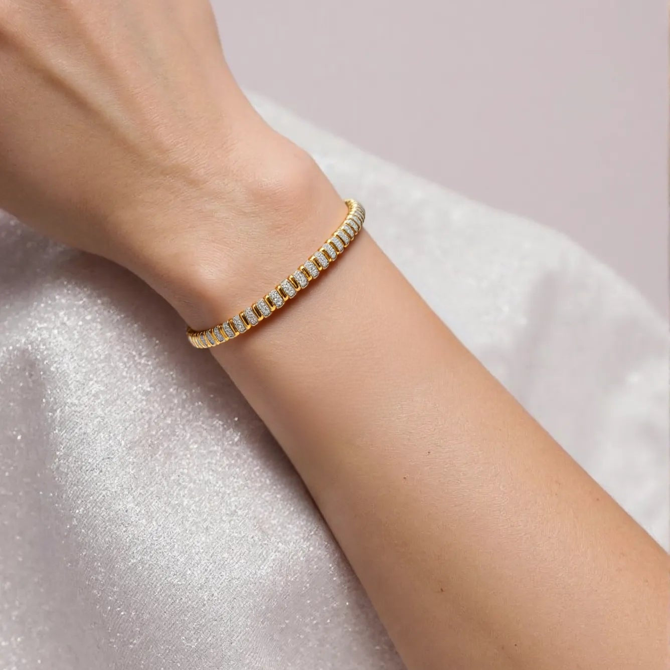 Gold and Silver Symphony Cuff Open Bangle S925 Silver