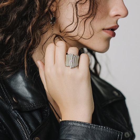 Vintage Wide Face Ring S925 Silver Rhodium Plated - Disco