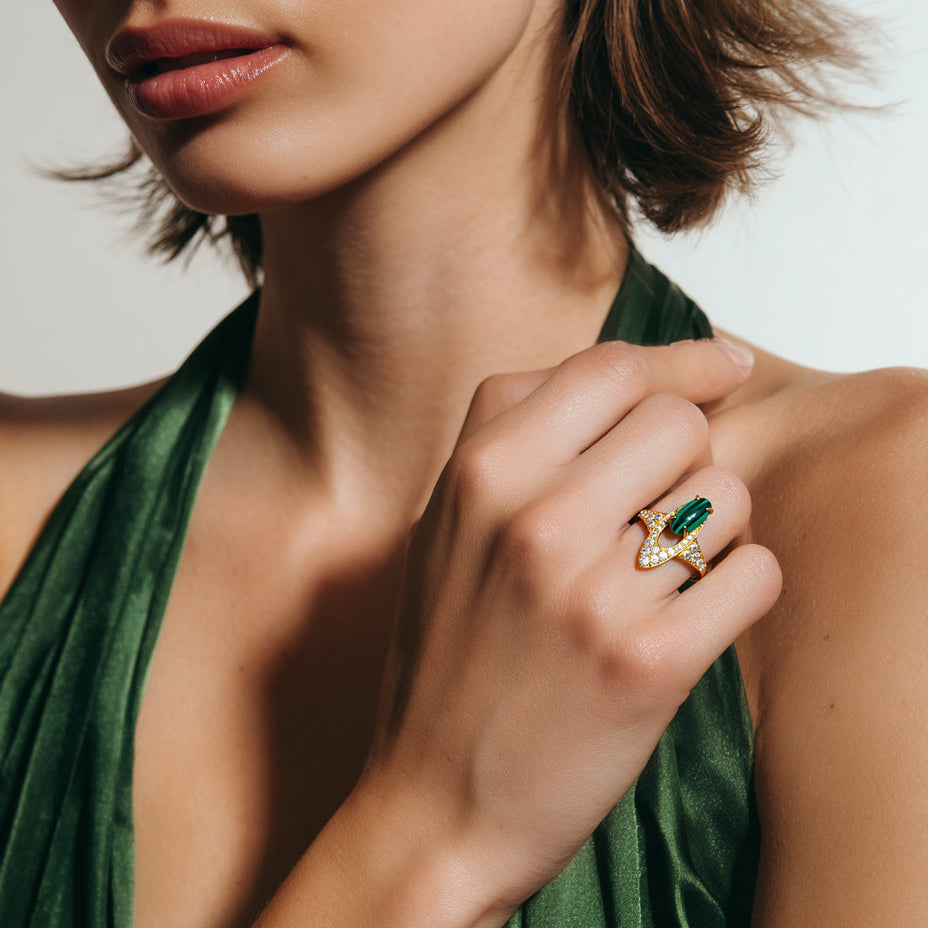 Long Oval Malachite Ring S925 Silver Gold Plated - Bamboo Rhyme