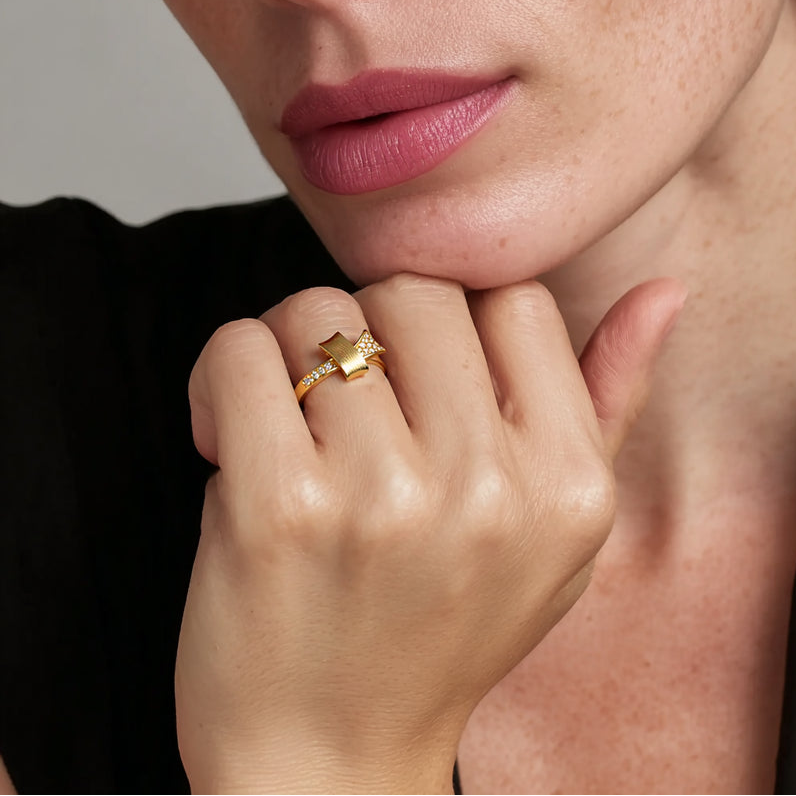 Double-sided Textured Ring S925 Silver Gold Plated-Folded Bow