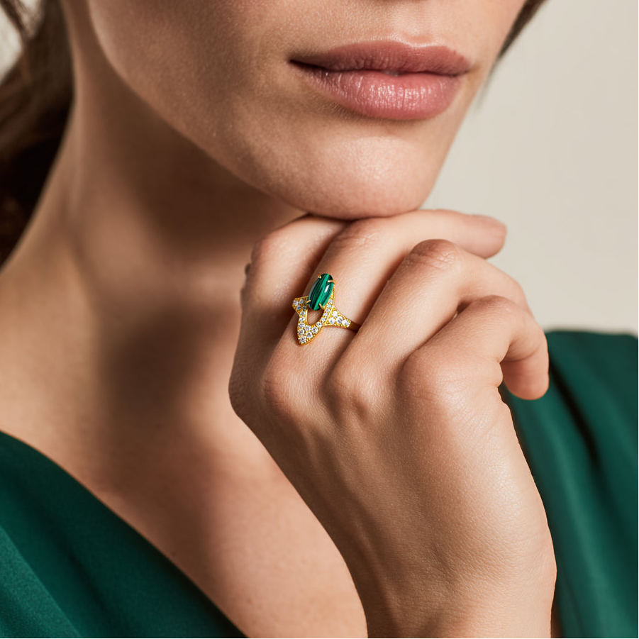 Long Oval Malachite Ring S925 Silver Gold Plated - Bamboo Rhyme