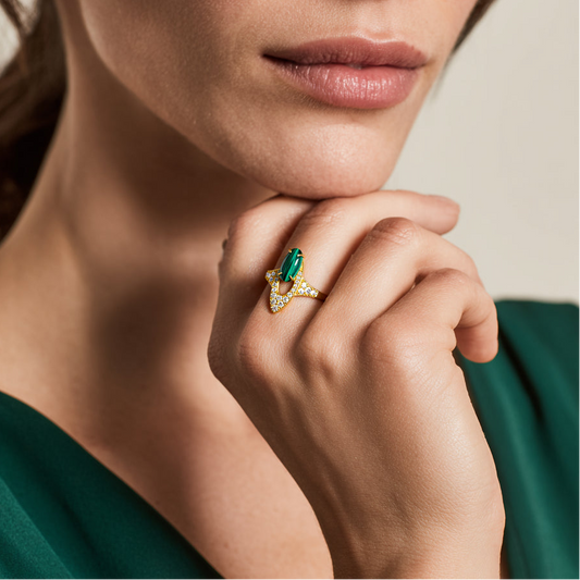 Long Oval Malachite Ring S925 Silver Gold Plated - Bamboo Rhyme