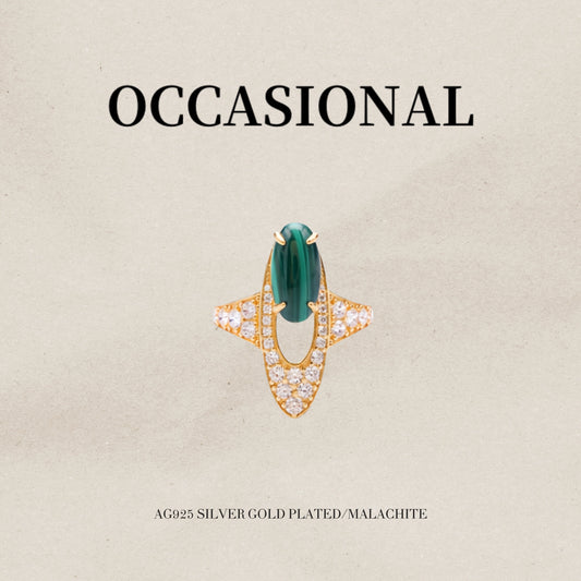 Long Oval Malachite Ring S925 Silver Gold Plated - Bamboo Rhyme